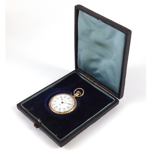 264 - The Waterbury Watch Co, ladies gold plated open face pocket watch with enamelled, dial housed in a v... 