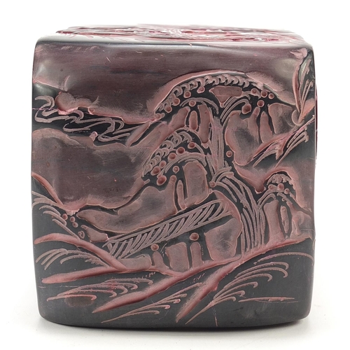 834 - Large Chinese hardstone seal carved with figures in landscapes, character marks to the base, 16.5cm ... 