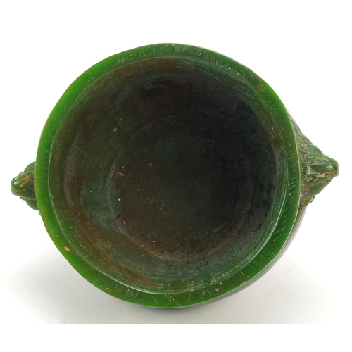 832 - Chinese carved green jade censer with animalia handles, 15.5cm wide