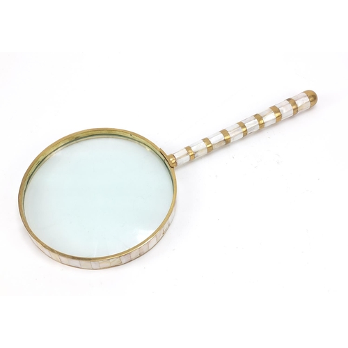 158 - Large Regency style brass and mother of pearl gallery magnifying glass, 42cm in length