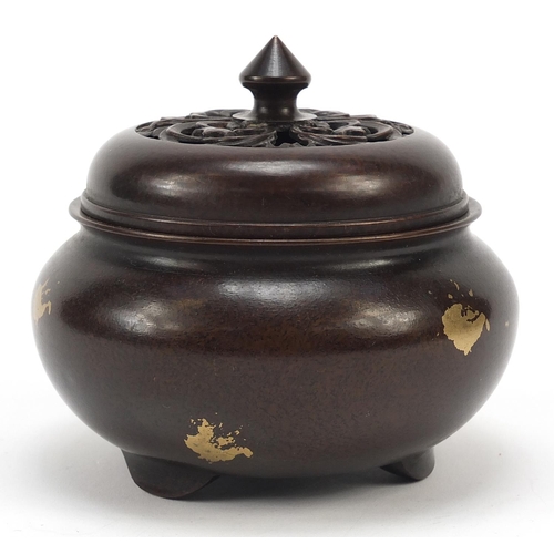 350 - Chinese gold splashed patinated bronze tripod incense burner with pierced lid, character marks to th... 