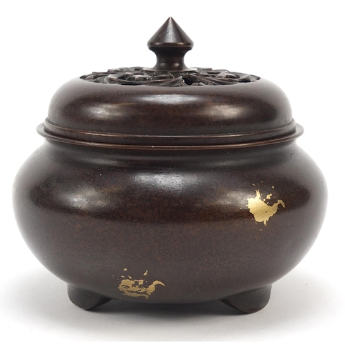 350 - Chinese gold splashed patinated bronze tripod incense burner with pierced lid, character marks to th... 