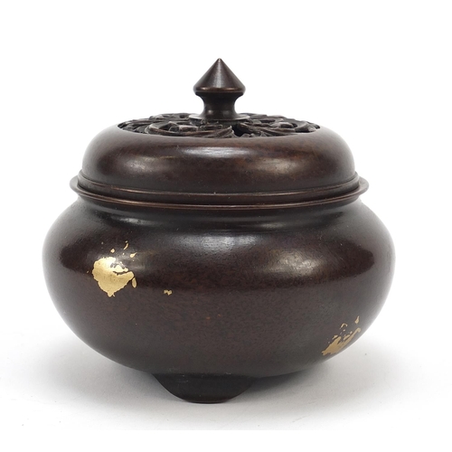 350 - Chinese gold splashed patinated bronze tripod incense burner with pierced lid, character marks to th... 