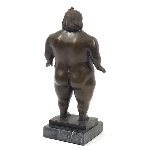 506 - Modernist patinated bronze study of a standing nude female in the style of Fernando Botero, raised o... 