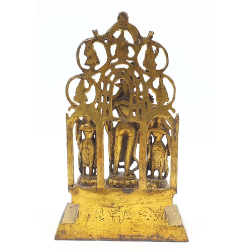 664 - Tibetan gilt bronze group of three deities, character marks to the reverse, 28cm high