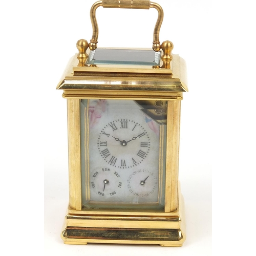 511 - Gilt brass miniature carriage clock with Sevres type panels, 8cm high