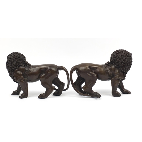 243 - Large pair of patinated bronze lions, each 33cm in length