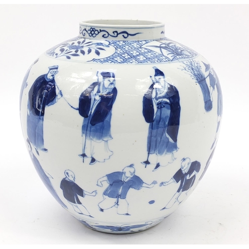 826 - Chinese blue and white porcelain vase hand painted with figures, six figure character marks to the b... 