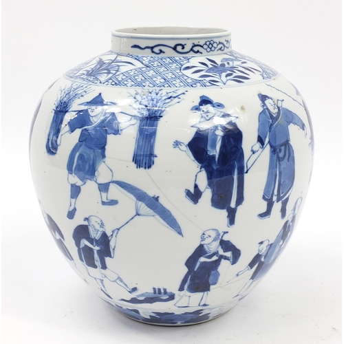 826 - Chinese blue and white porcelain vase hand painted with figures, six figure character marks to the b... 