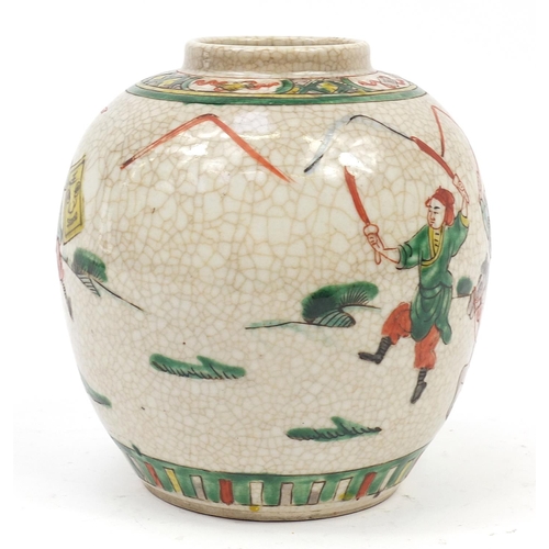 823 - Chinese crackle glaze ginger jar hand painted in the famille verte palette with warriors on horsebac... 