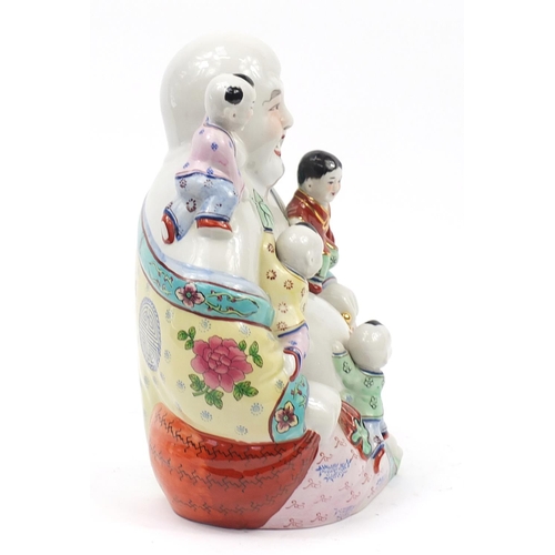 344 - Large Chinese porcelain figure of Buddha with five children, 33cm high