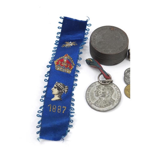 753 - Objects including a silver Queen's Guard, tokens, Queen Victoria stevengraph bookmark and a 1900 flo... 