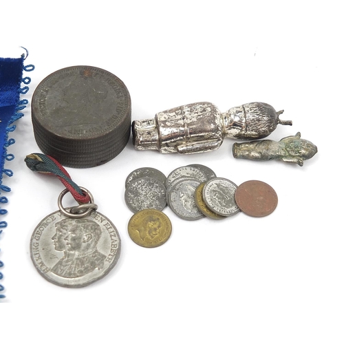 753 - Objects including a silver Queen's Guard, tokens, Queen Victoria stevengraph bookmark and a 1900 flo... 