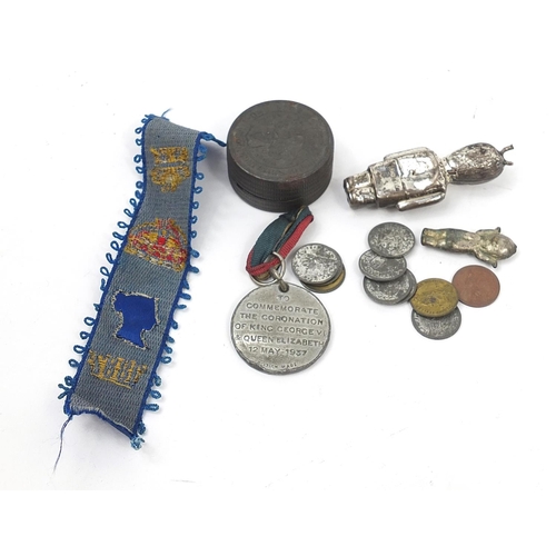 753 - Objects including a silver Queen's Guard, tokens, Queen Victoria stevengraph bookmark and a 1900 flo... 