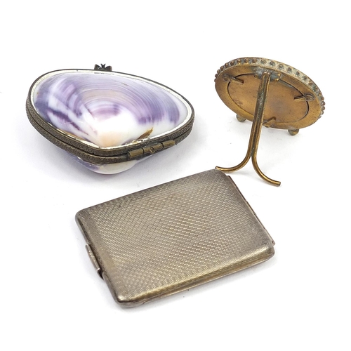 752 - Objects including a silver matchstick case and micro mosaic easel photo frame and a shell trinket bo... 