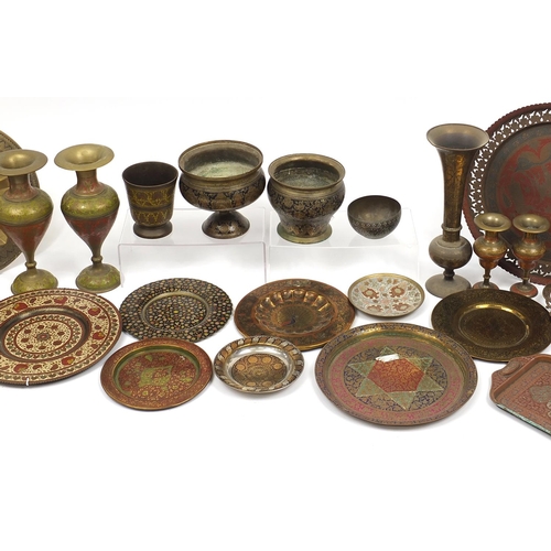 481 - Indian enamelled brassware including two twin handled serving trays, a bowl, and two pairs of vases,... 