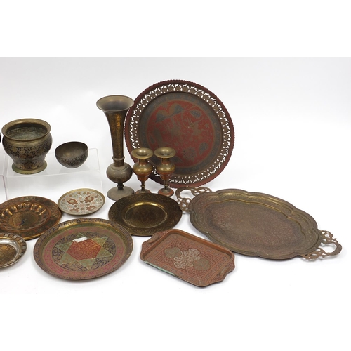 481 - Indian enamelled brassware including two twin handled serving trays, a bowl, and two pairs of vases,... 