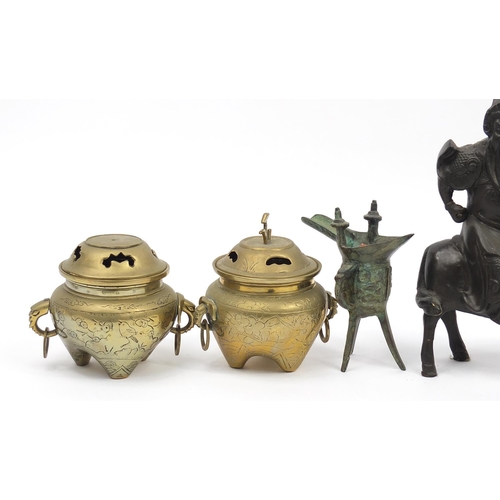 977 - Chinese and Japanese metalware including a bronze koro with cover, globular incense burner with drag... 