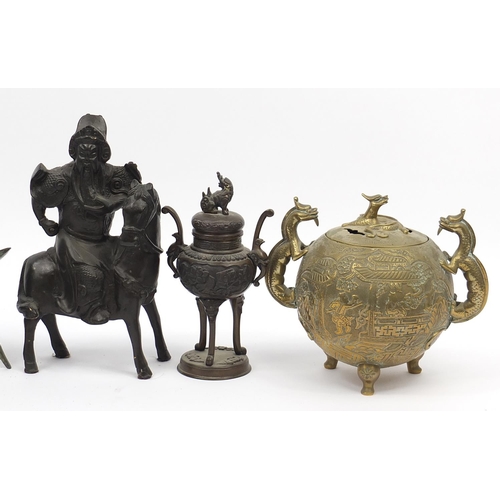 977 - Chinese and Japanese metalware including a bronze koro with cover, globular incense burner with drag... 