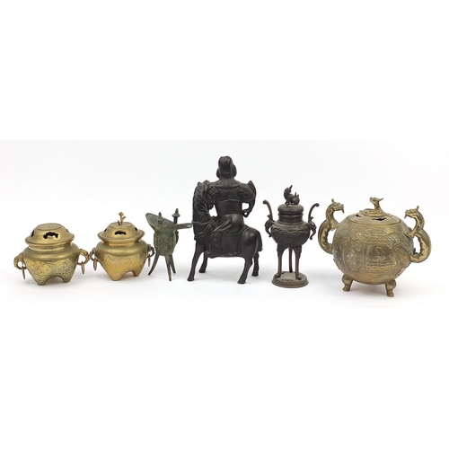 977 - Chinese and Japanese metalware including a bronze koro with cover, globular incense burner with drag... 