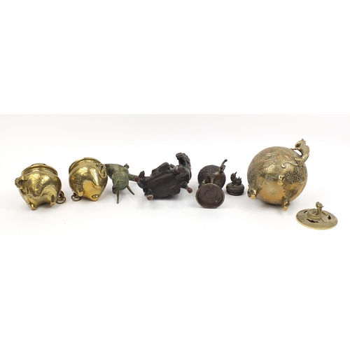 977 - Chinese and Japanese metalware including a bronze koro with cover, globular incense burner with drag... 