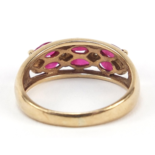 208 - 9ct gold ruby and diamond ring, size P, 3.1g