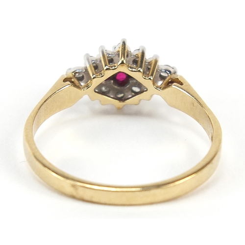 734 - 9ct gold ruby and diamond cluster ring, size N, 2.0g