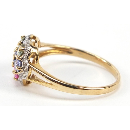 1040 - 9ct gold multi gem and diamond ring, size U, 3.2g