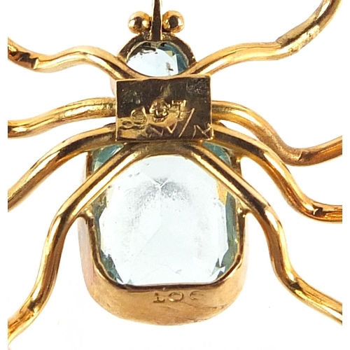 116 - Victorian 9ct gold spider brooch set with blue stones, possibly aquamarine, 3cm wide, 3.0g