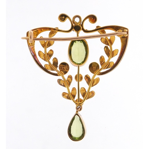 74 - Art Nouveau 9ct gold peridot and seed pearl pendant brooch, 4cm high, 3.8g