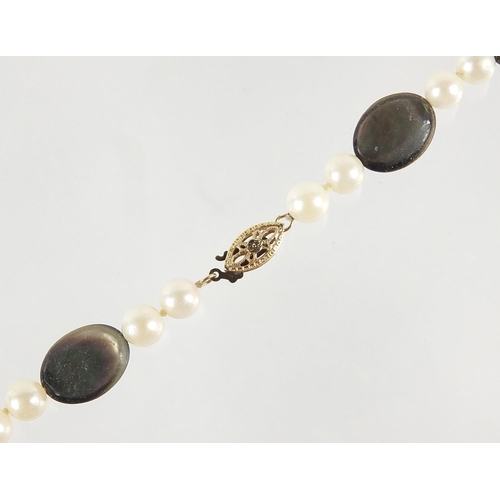 1197 - Cultured pearl and abalone necklace with 9ct gold clasp, 44cm in length