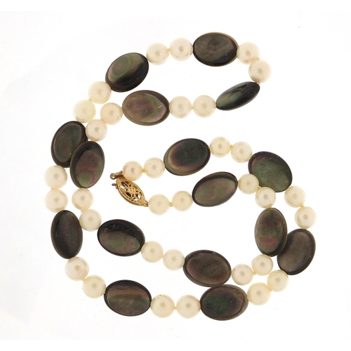 1197 - Cultured pearl and abalone necklace with 9ct gold clasp, 44cm in length