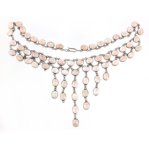 498 - Silver cabochon rose quartz necklace, 40cm in length, 40.1g