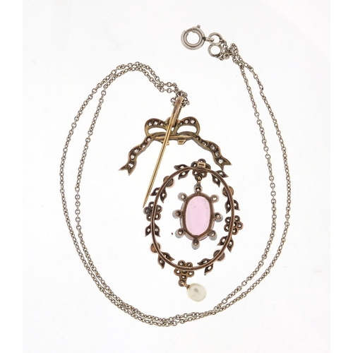 113 - Antique unmarked gold pink sapphire, diamond and seed pearl pendant on a white metal chain, housed i... 