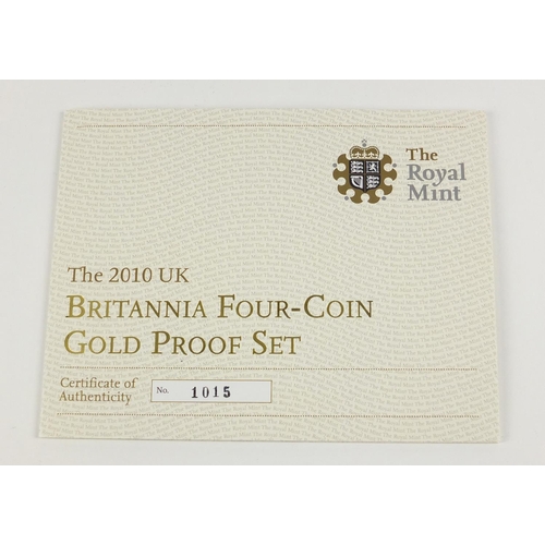 220 - United Kingdom 2010 Britannia four coin gold proof set with box and certificate numbered 1015, compr... 