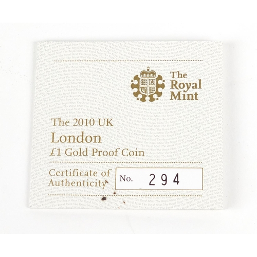 227 - Elizabeth II 2010 London gold proof one pound coin with box and certificate numbered 294, 19.6g - th... 