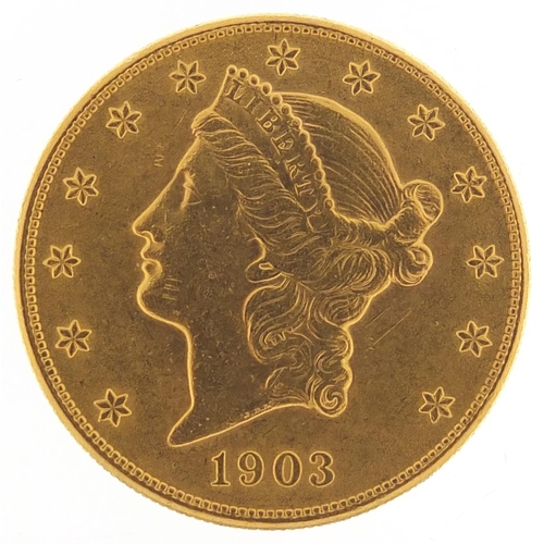 274 - United States of America 1903 gold twenty dollars, Liberty head to the reverse, 33.6g - this lot is ... 