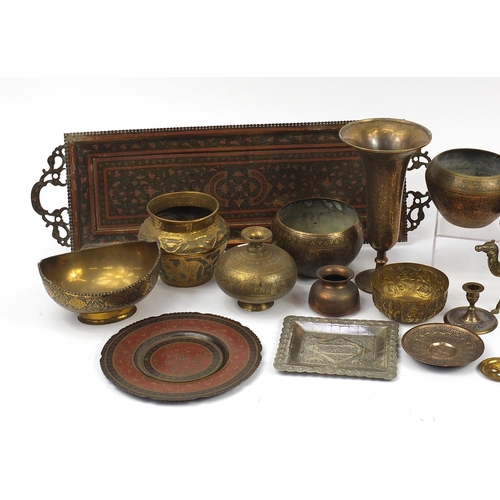 479 - Middle Eastern and Indian metalware including a hookah, enamelled tray and bowls, the largest 72cm w... 