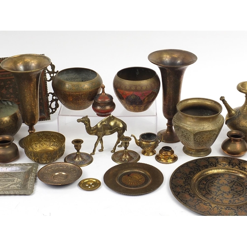 479 - Middle Eastern and Indian metalware including a hookah, enamelled tray and bowls, the largest 72cm w... 