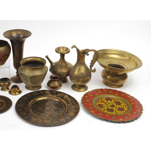 479 - Middle Eastern and Indian metalware including a hookah, enamelled tray and bowls, the largest 72cm w... 