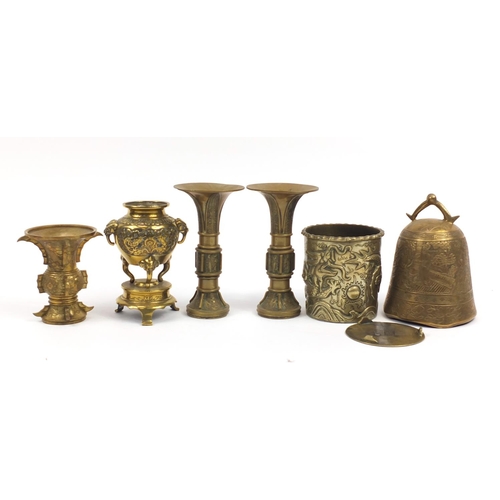 105 - Chinese bronze and metalware including pair of vases, two censers and a bell, the largest each 21.5c... 