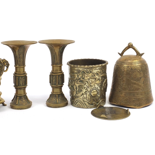 105 - Chinese bronze and metalware including pair of vases, two censers and a bell, the largest each 21.5c... 