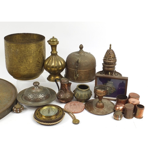 485 - Middle Eastern and Indian metalware including Persian brass table top profusely engraved with callig... 