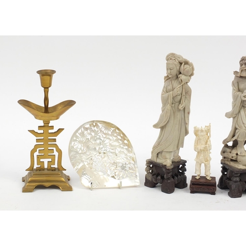 837 - Chinese objects comprising a pair of carved soapstone figures, bronzed candlesticks, white metal and... 