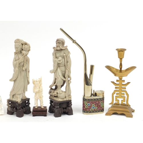 837 - Chinese objects comprising a pair of carved soapstone figures, bronzed candlesticks, white metal and... 