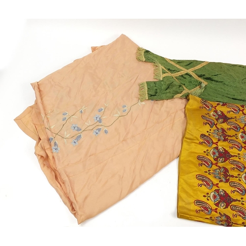 189 - Textiles including an Indian silk panel embroidered with birds and flowers and a silk shawl embroide... 