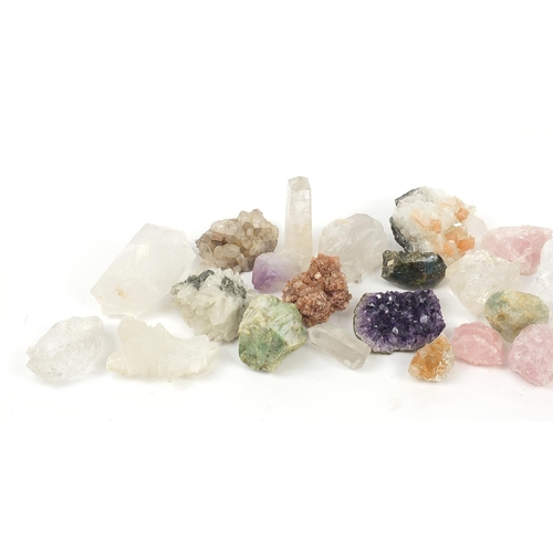 1078 - Collection of healing crystals and hardstones, some clusters including rose quartz and amethyst, the... 