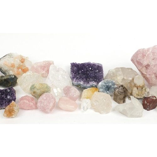 1078 - Collection of healing crystals and hardstones, some clusters including rose quartz and amethyst, the... 