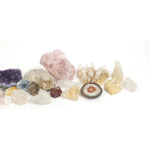 1078 - Collection of healing crystals and hardstones, some clusters including rose quartz and amethyst, the... 