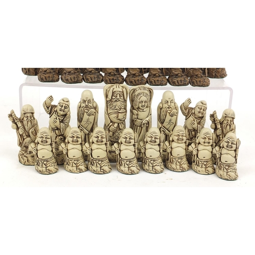 1246 - Japanese Gods of Luck chess set depicting wealth, happiness and wisdom, the largest pieces each 11cm... 